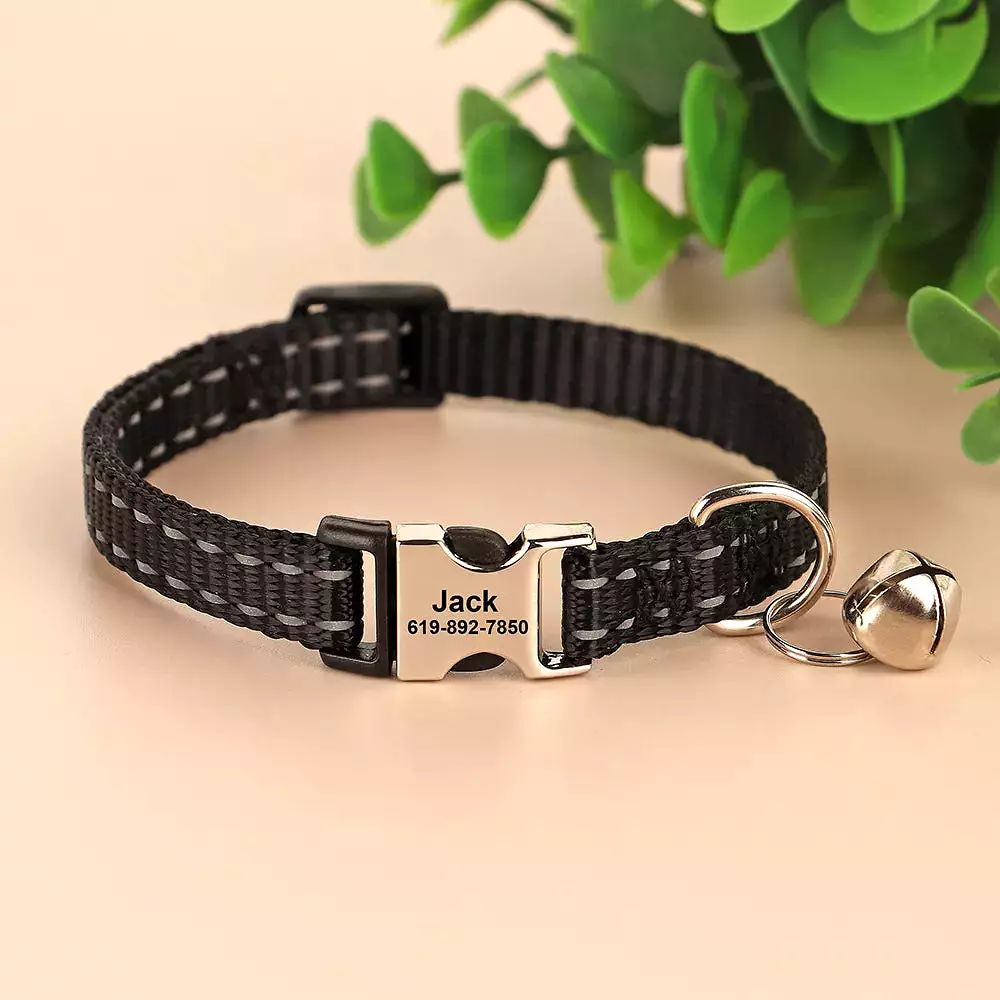 Engraved Custom Cat Collar Reflective Kitten Puppy Collars with Bell Personalized Pet Cats Collar Necklace Accessories 1cm Width