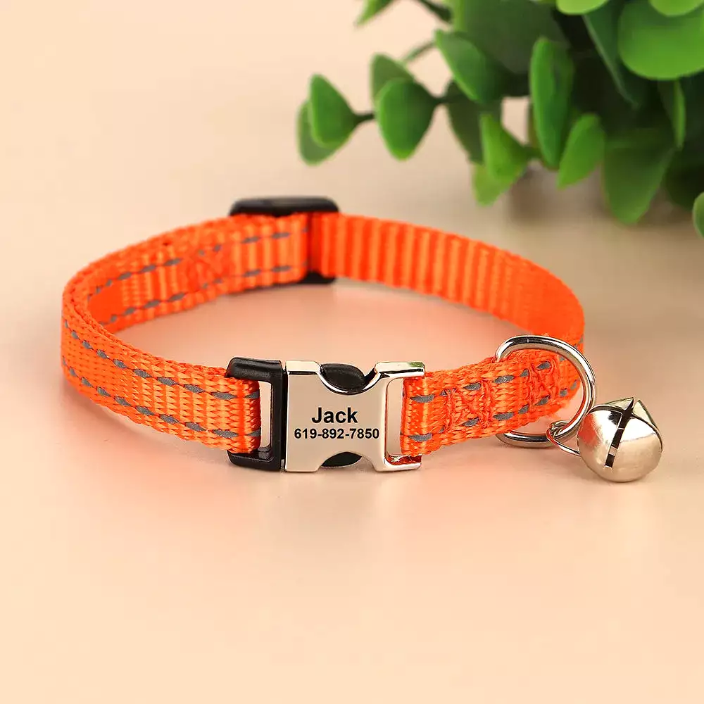 Engraved Custom Cat Collar Reflective Kitten Puppy Collars with Bell Personalized Pet Cats Collar Necklace Accessories 1cm Width