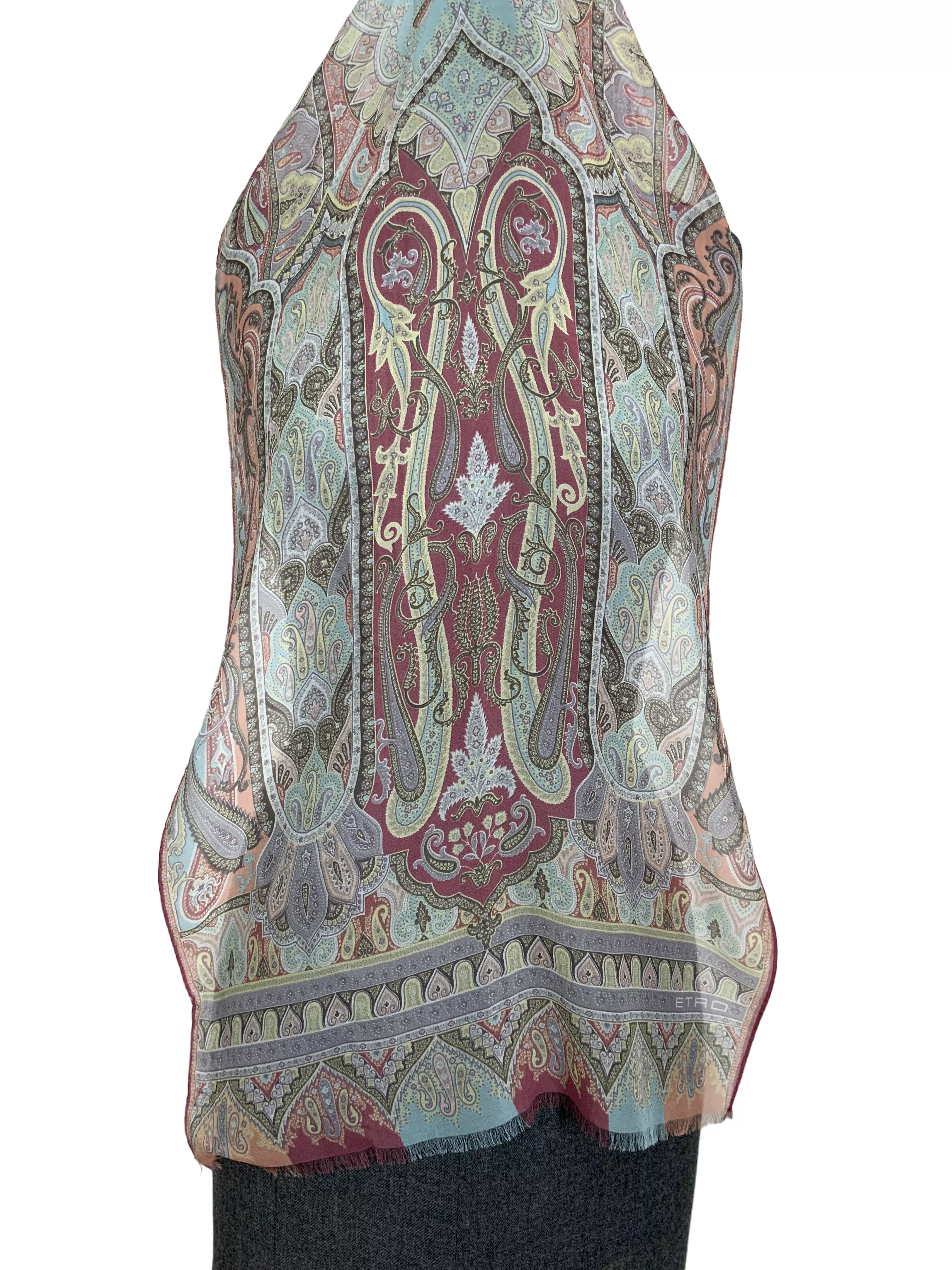 ETRO Paisley Printed Silk Chiffon Fringe Oblong Scarf