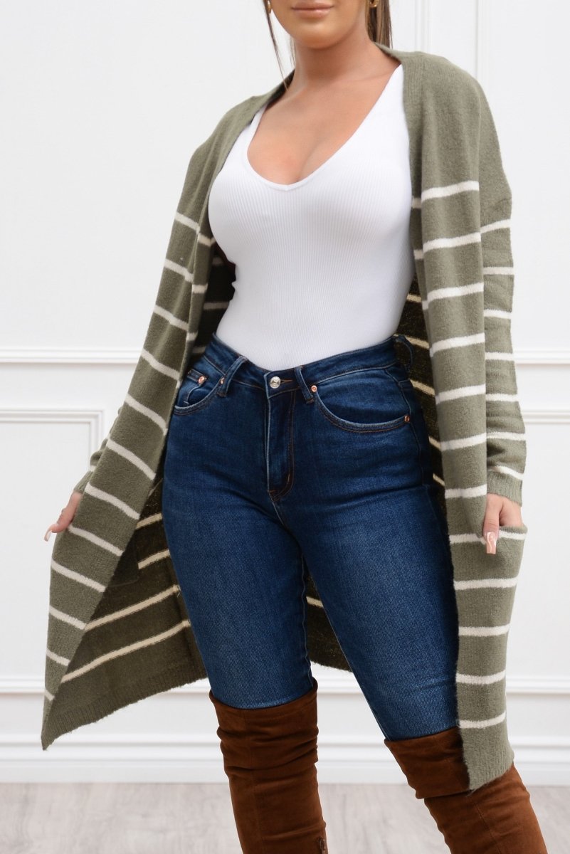 Fall Vibes Stripped Cardigan Olive/White