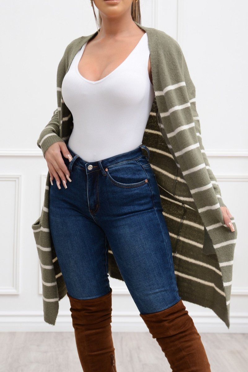 Fall Vibes Stripped Cardigan Olive/White