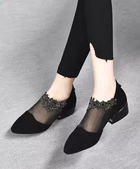 Fashion Black Suede Tulle Splicing Zircon High Heels SL1001