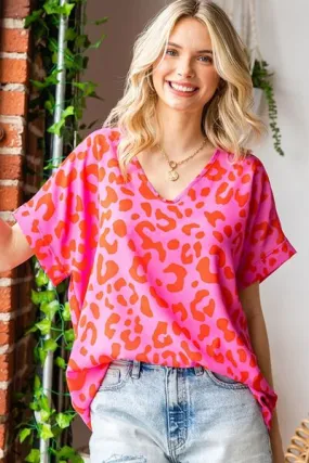 First Love Leopard V-Neck Short Sleeve Woven Top