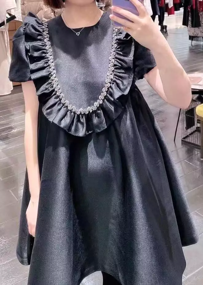 French Black Ruffled Zircon Cotton Mid Dress Summer AB1006