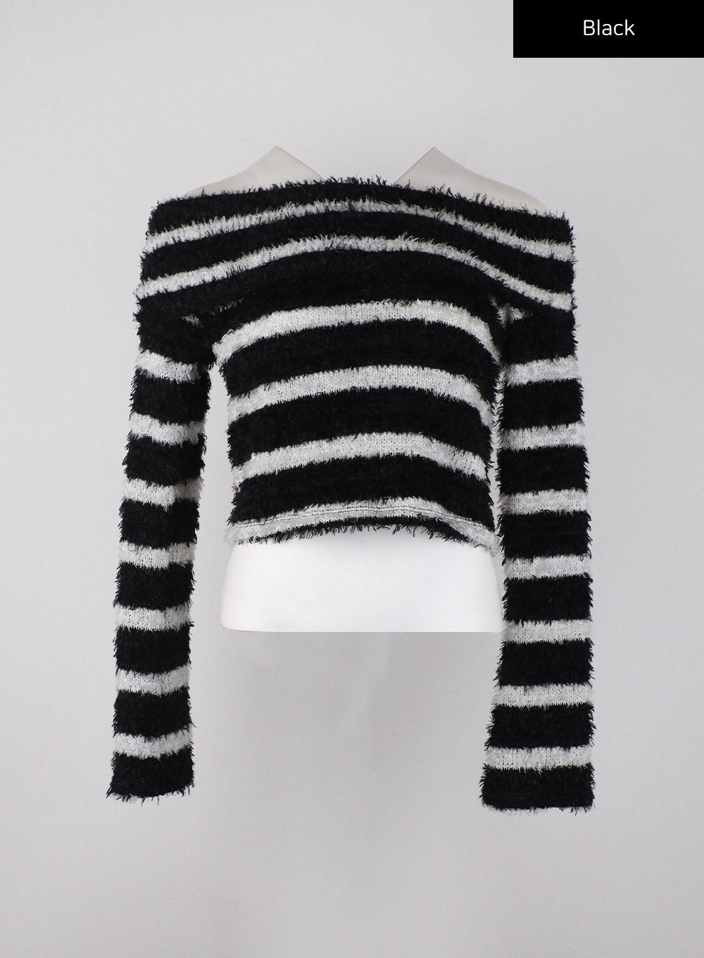 Fuzzy Striped Off-Shoulder Wool-Blend Long Sleeve Sweater CD329