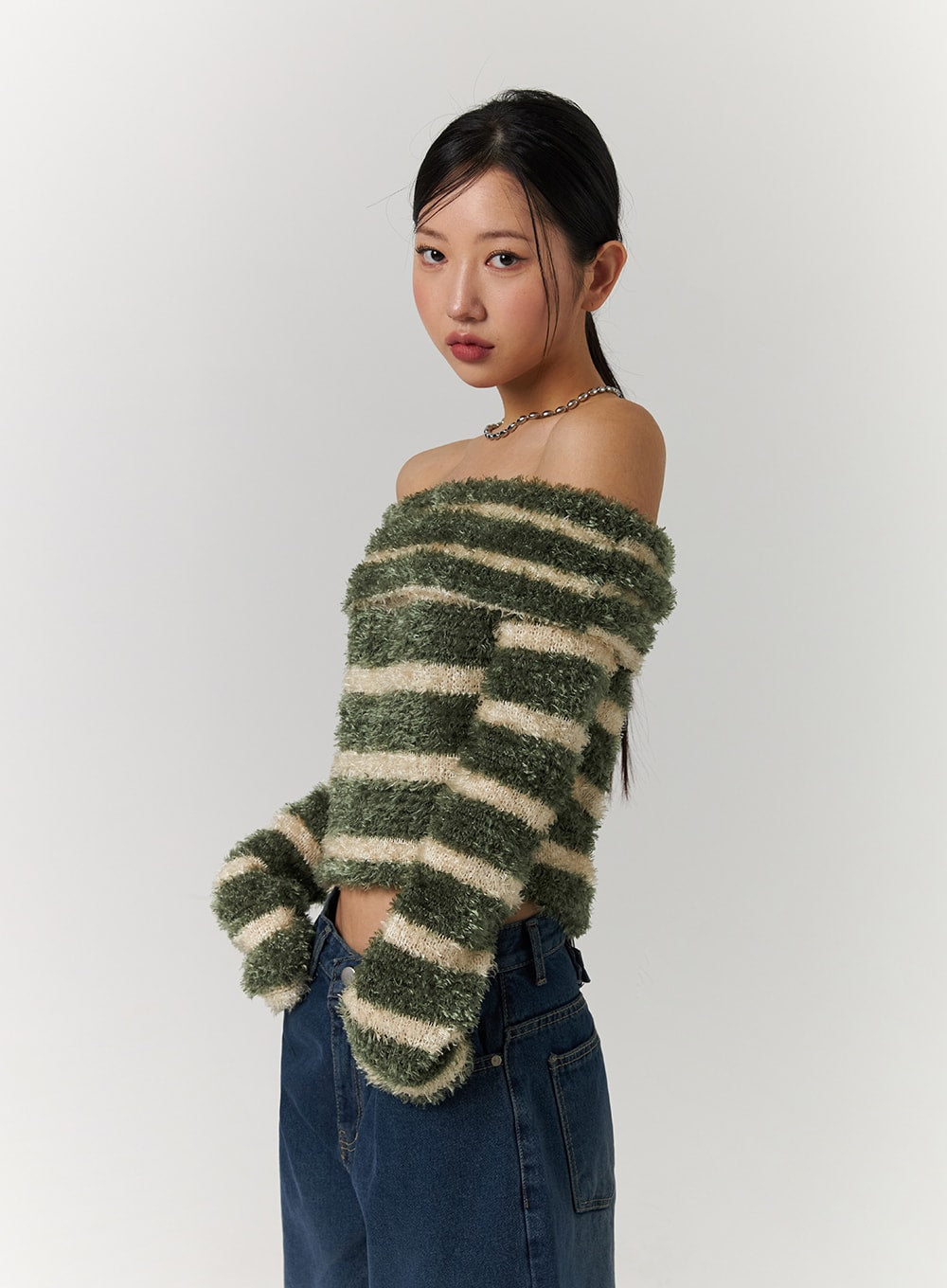 Fuzzy Striped Off-Shoulder Wool-Blend Long Sleeve Sweater CD329