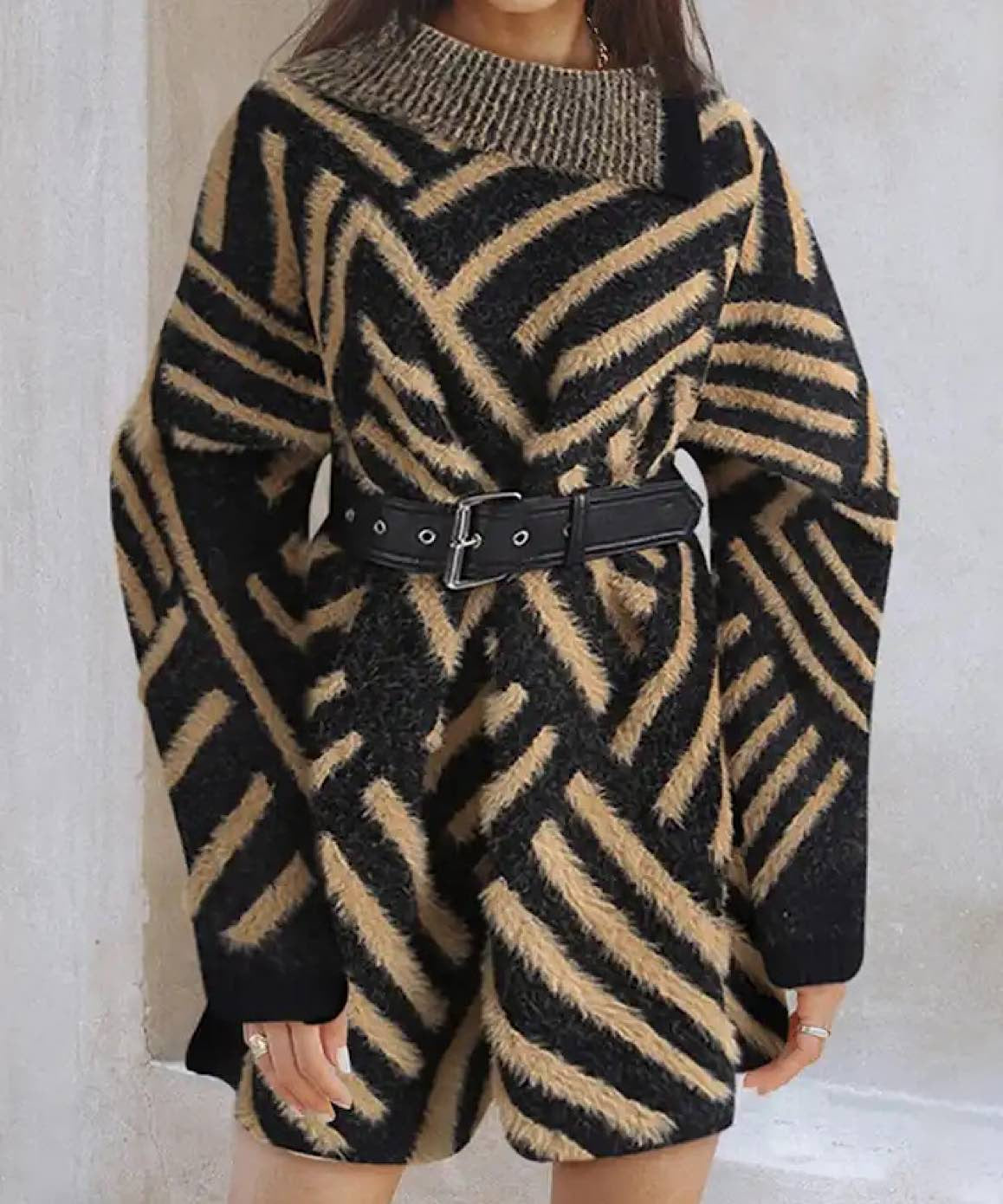 Geometric Pattern Turtleneck Belted Sweater