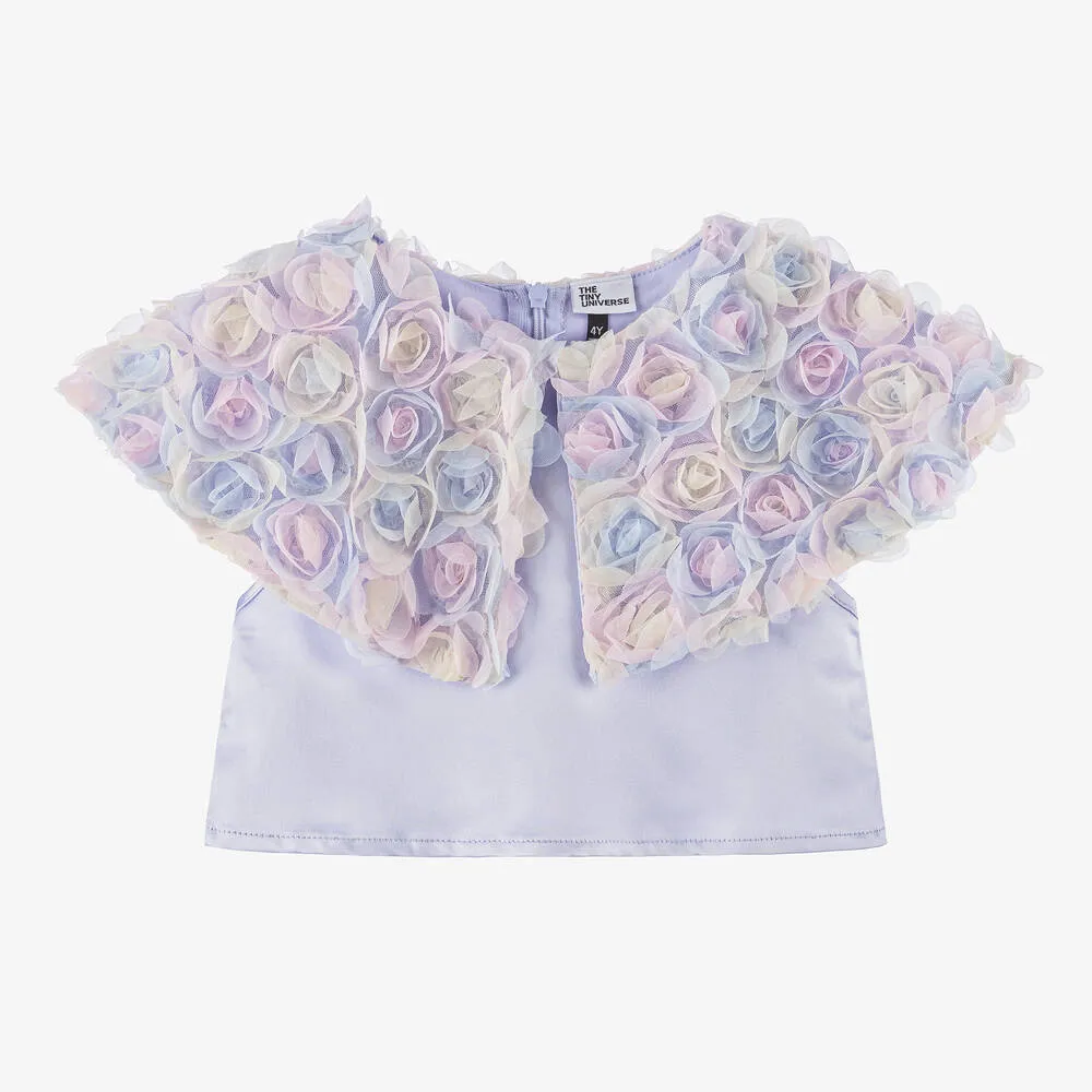 Girls Lilac Purple Satin & Tulle Flower Blouse