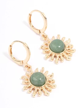 Gold Green Aventurine Sun Huggie Earrings