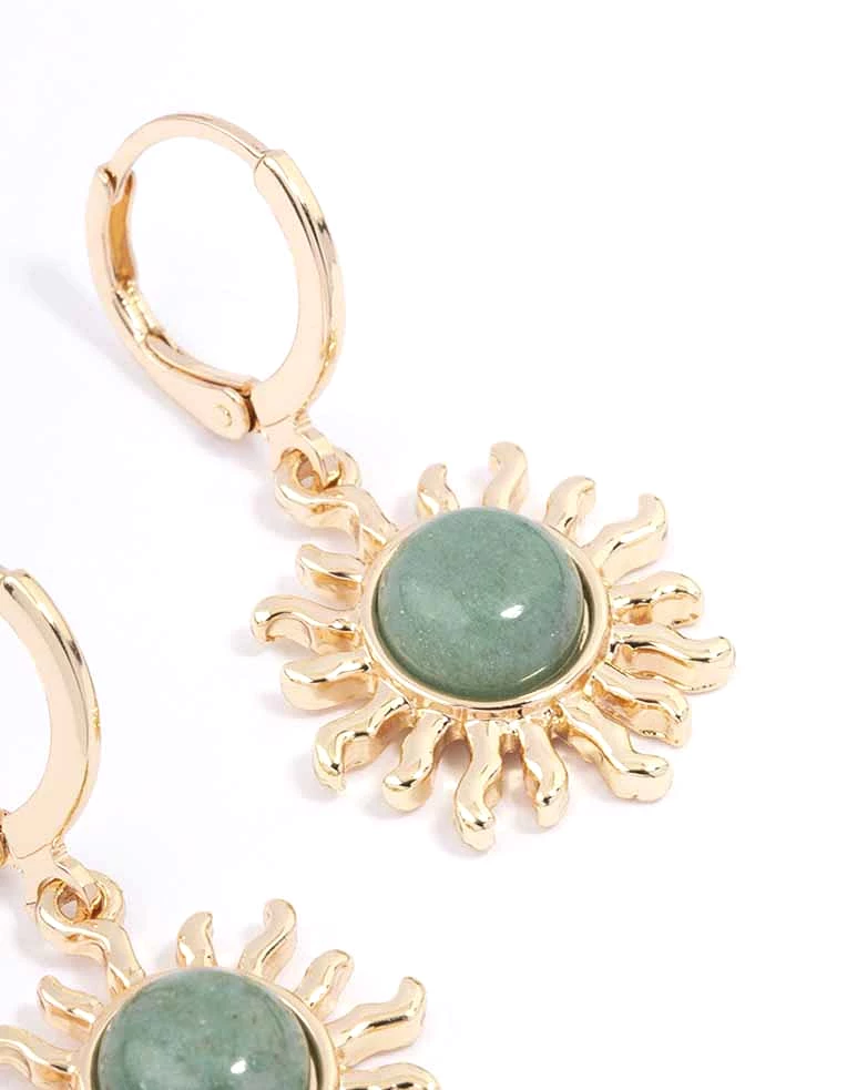 Gold Green Aventurine Sun Huggie Earrings