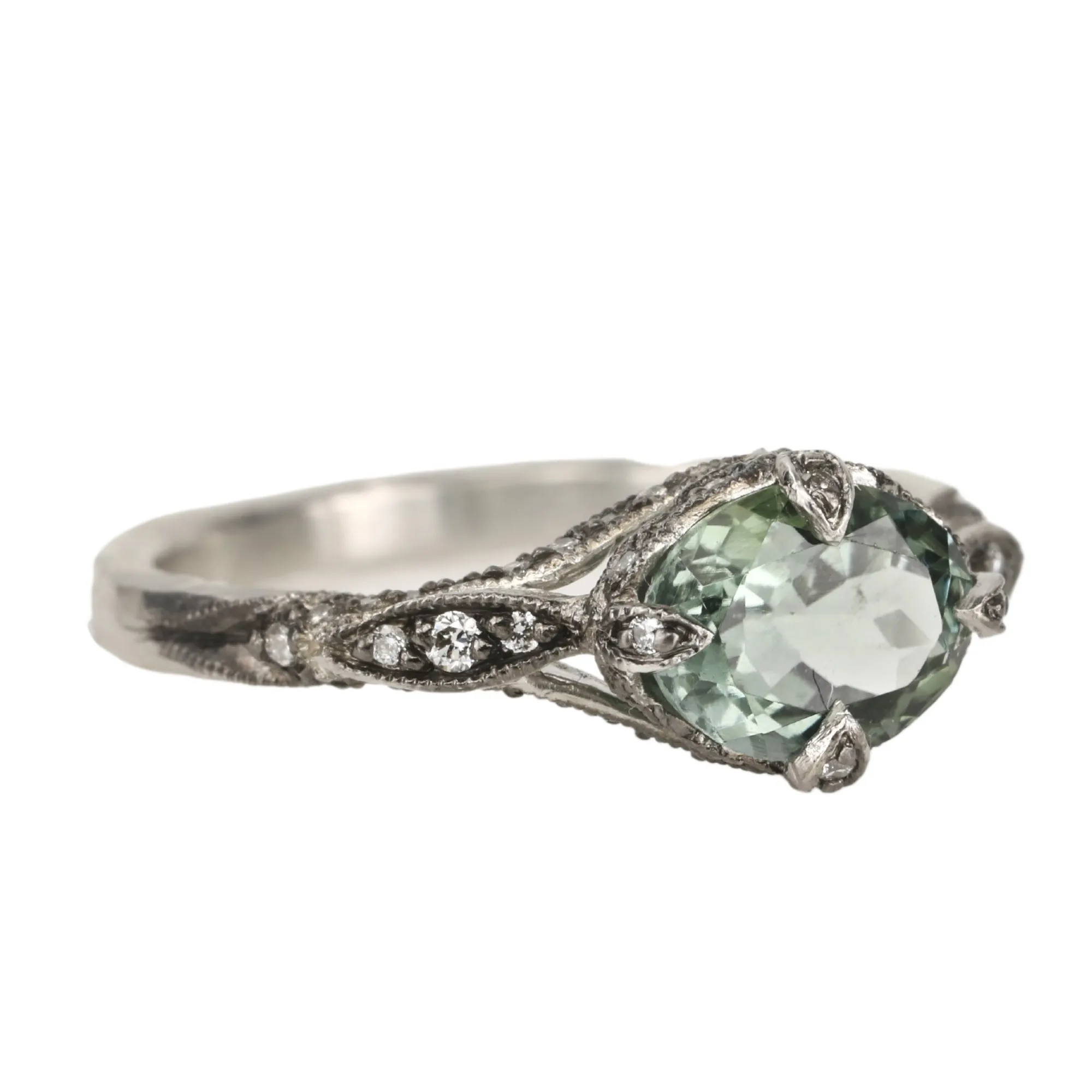 Green Tourmaline Petal Side Ring in Platinum & Diamond