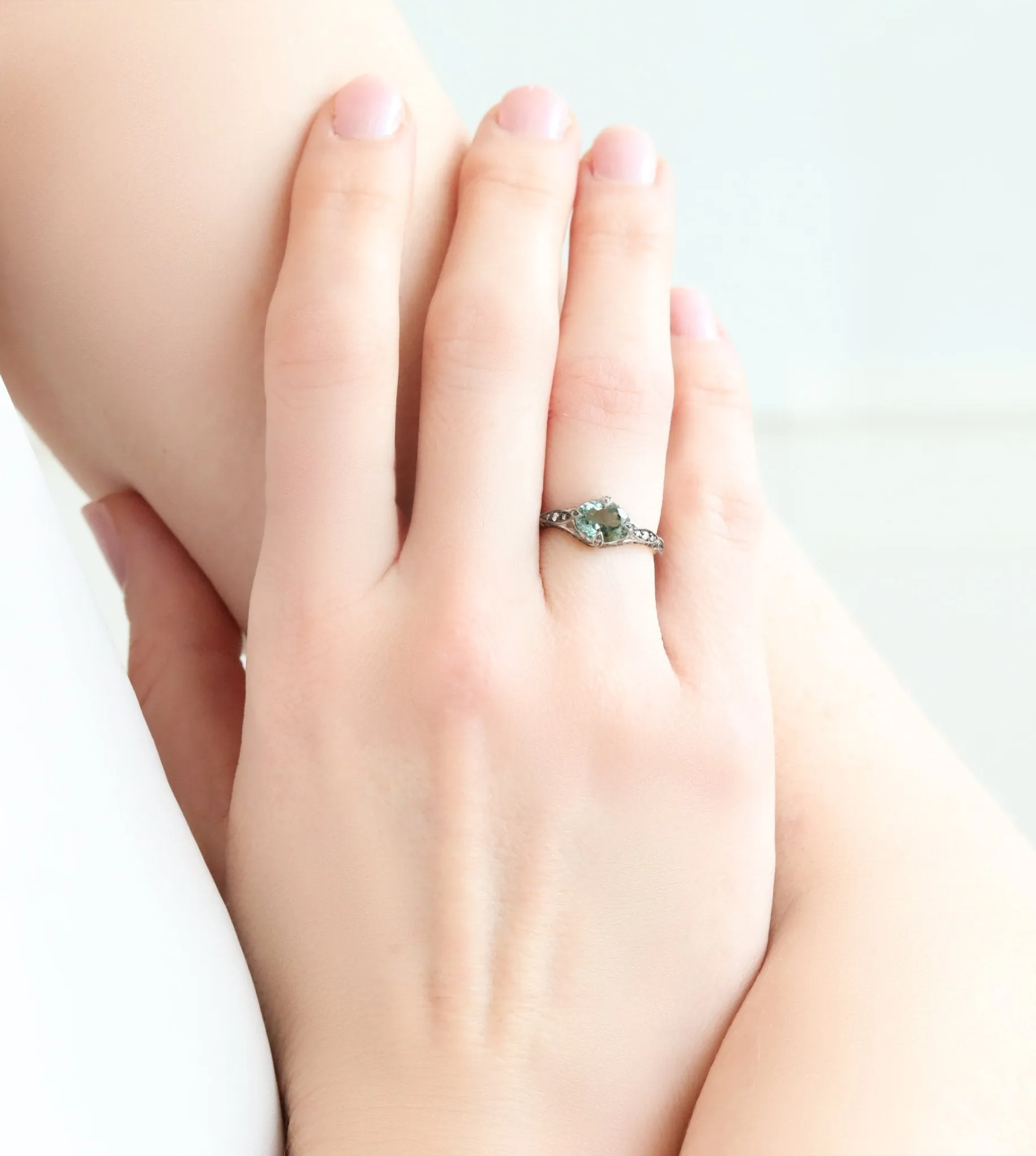 Green Tourmaline Petal Side Ring in Platinum & Diamond