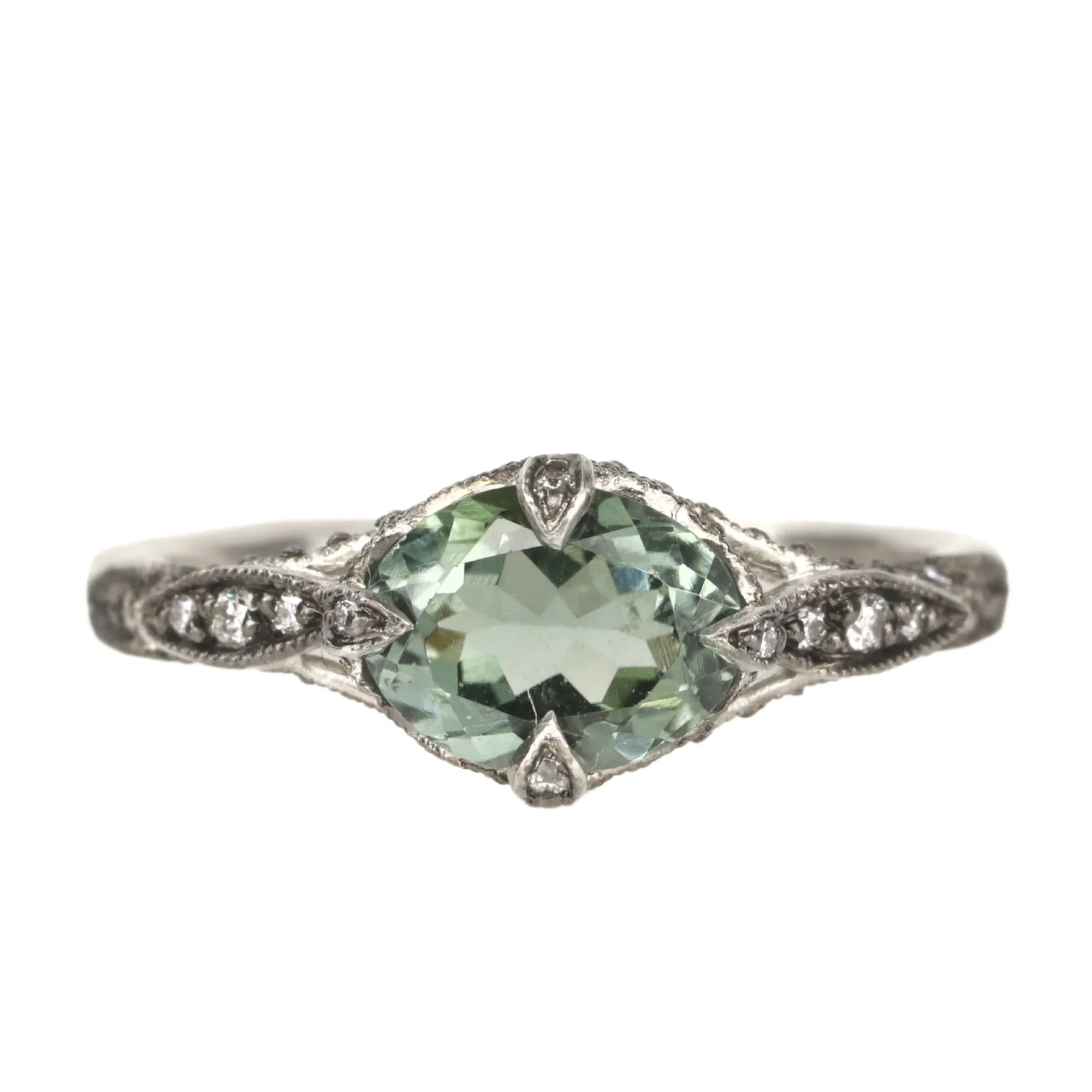 Green Tourmaline Petal Side Ring in Platinum & Diamond