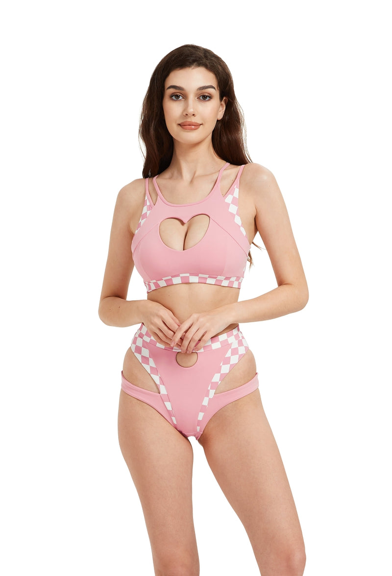 Hamade Activewear Heart Cut Out Top - Checkered Light Pink