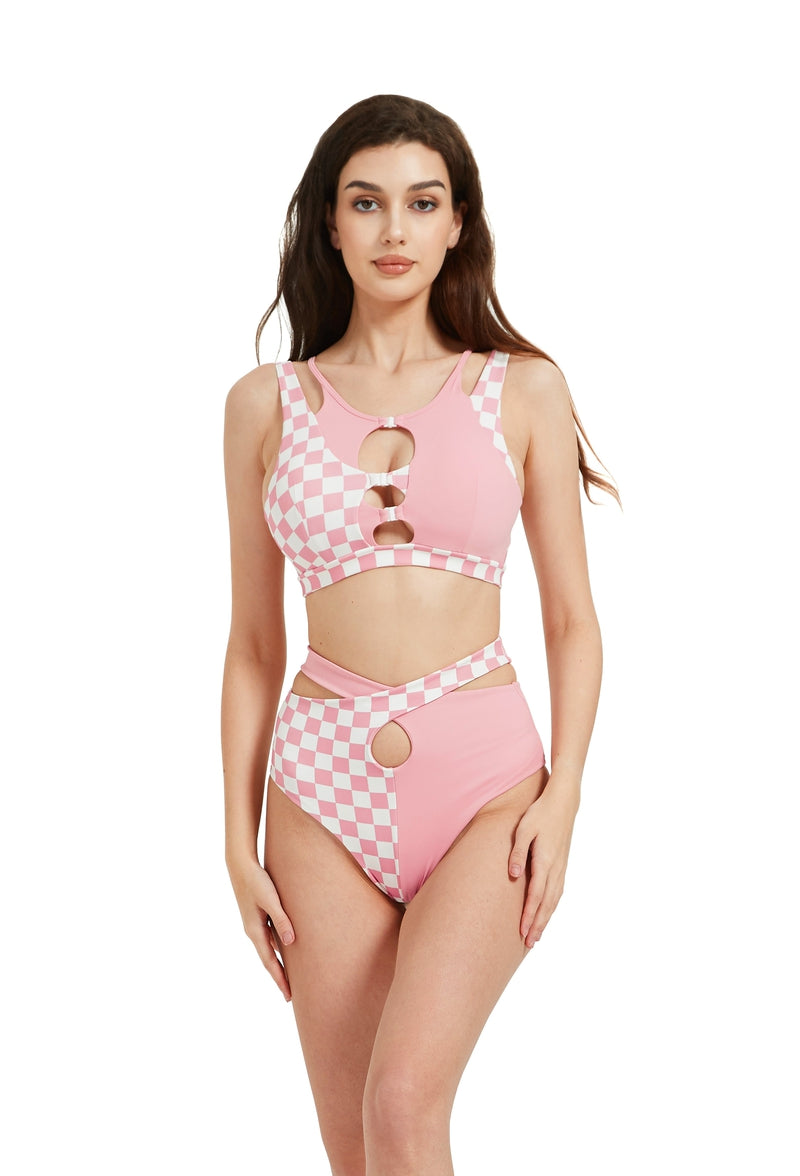 Hamade Activewear Hollow Front Top - Checkered Light Pink