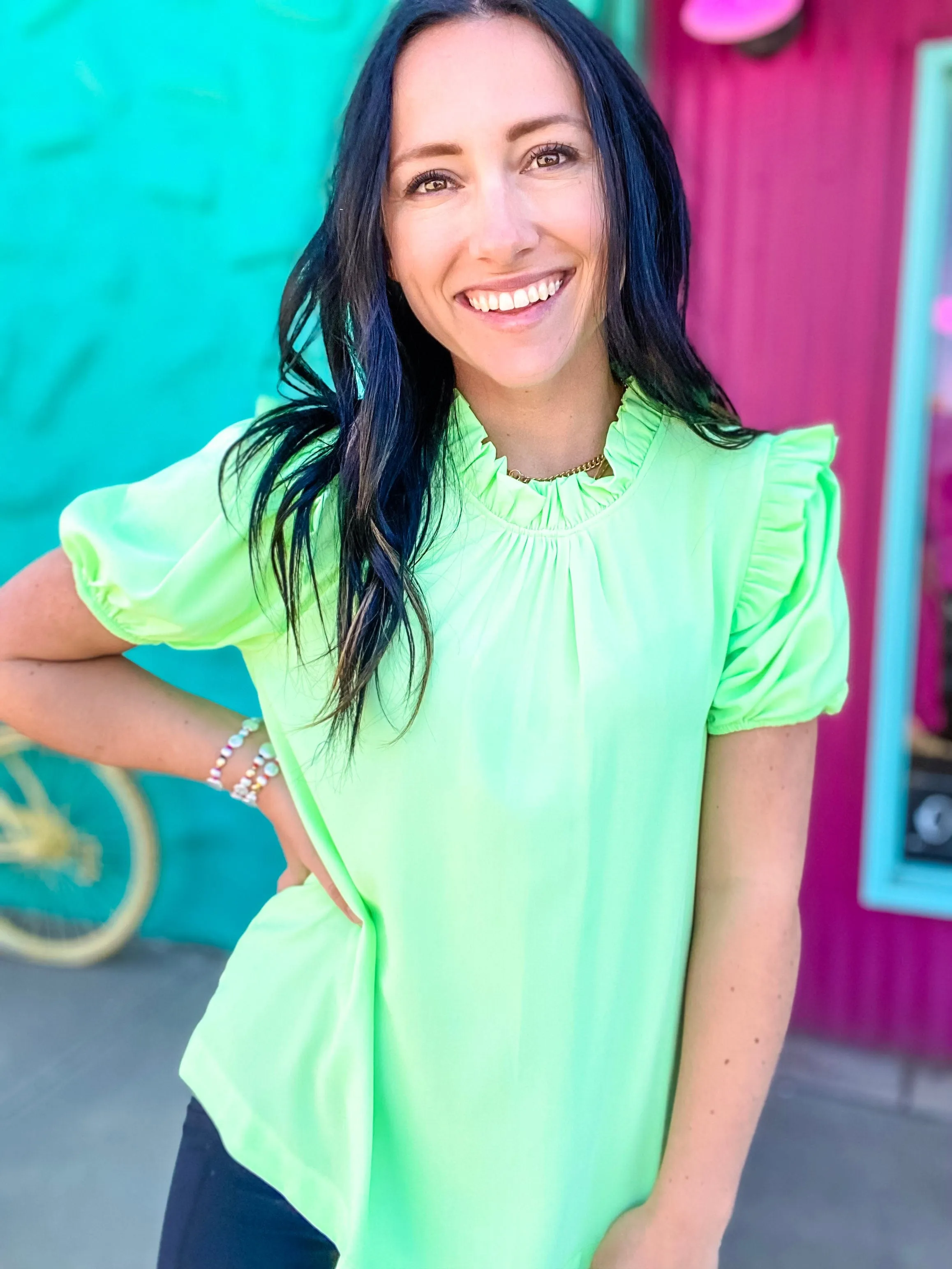 Hi Fi Ruffle Neck Top In Lime