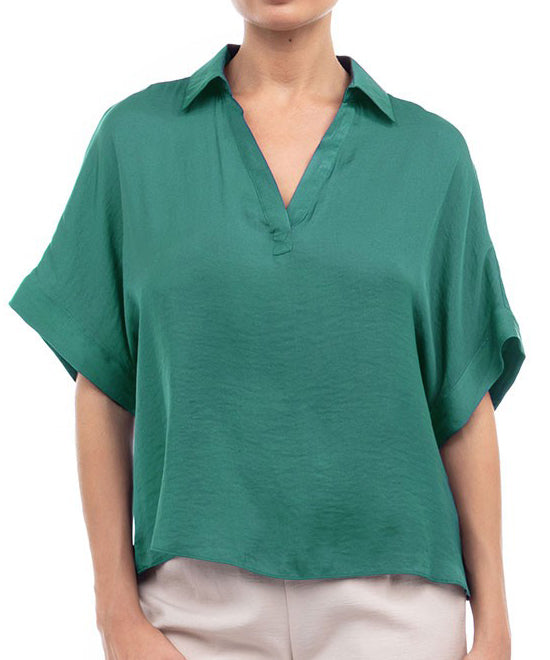 Highlow Collar Satin Blouse - Green Lake