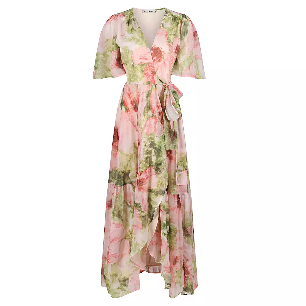 Hope & Ivy Pink & Green Floral Print Flutter Sleeve Maxi Wrap Dress