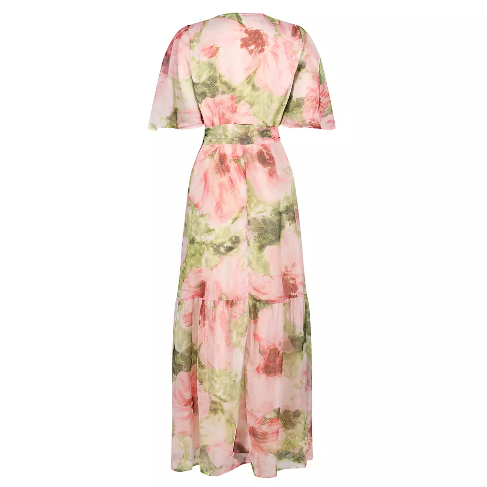 Hope & Ivy Pink & Green Floral Print Flutter Sleeve Maxi Wrap Dress