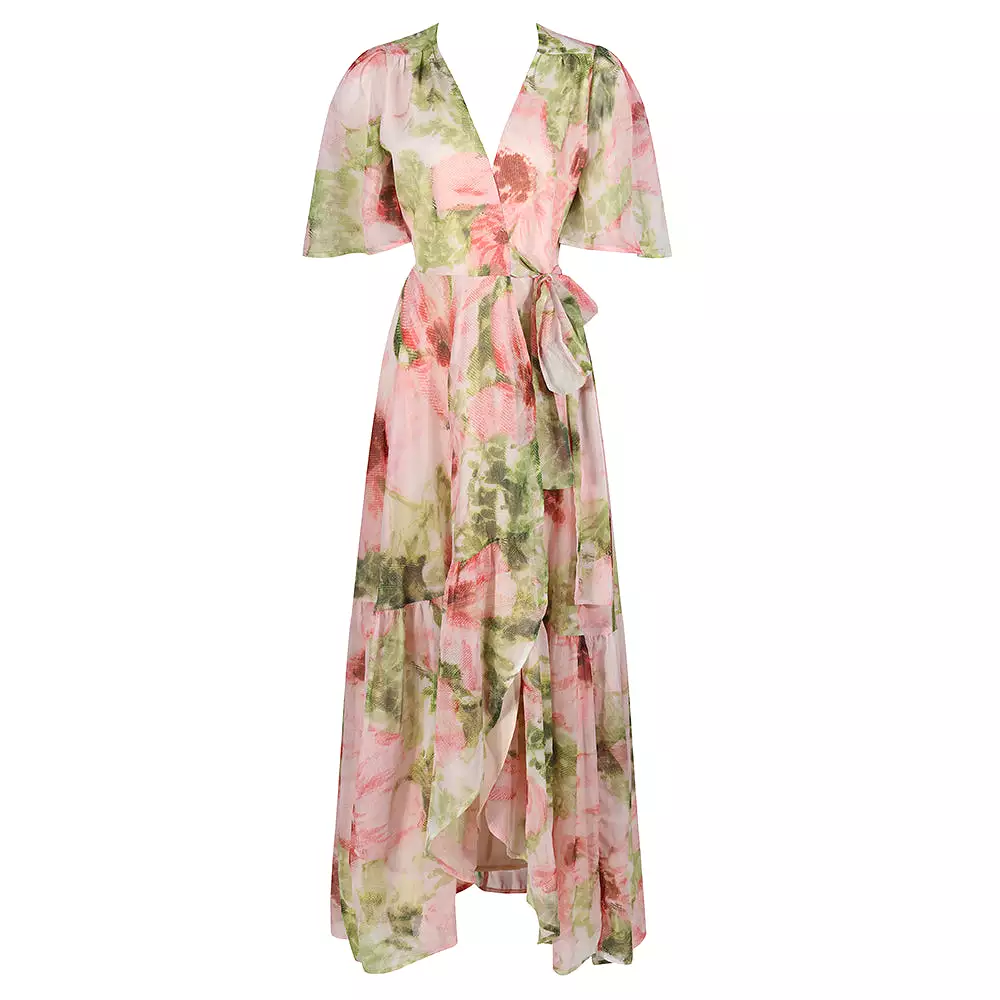 Hope & Ivy Pink & Green Floral Print Flutter Sleeve Maxi Wrap Dress