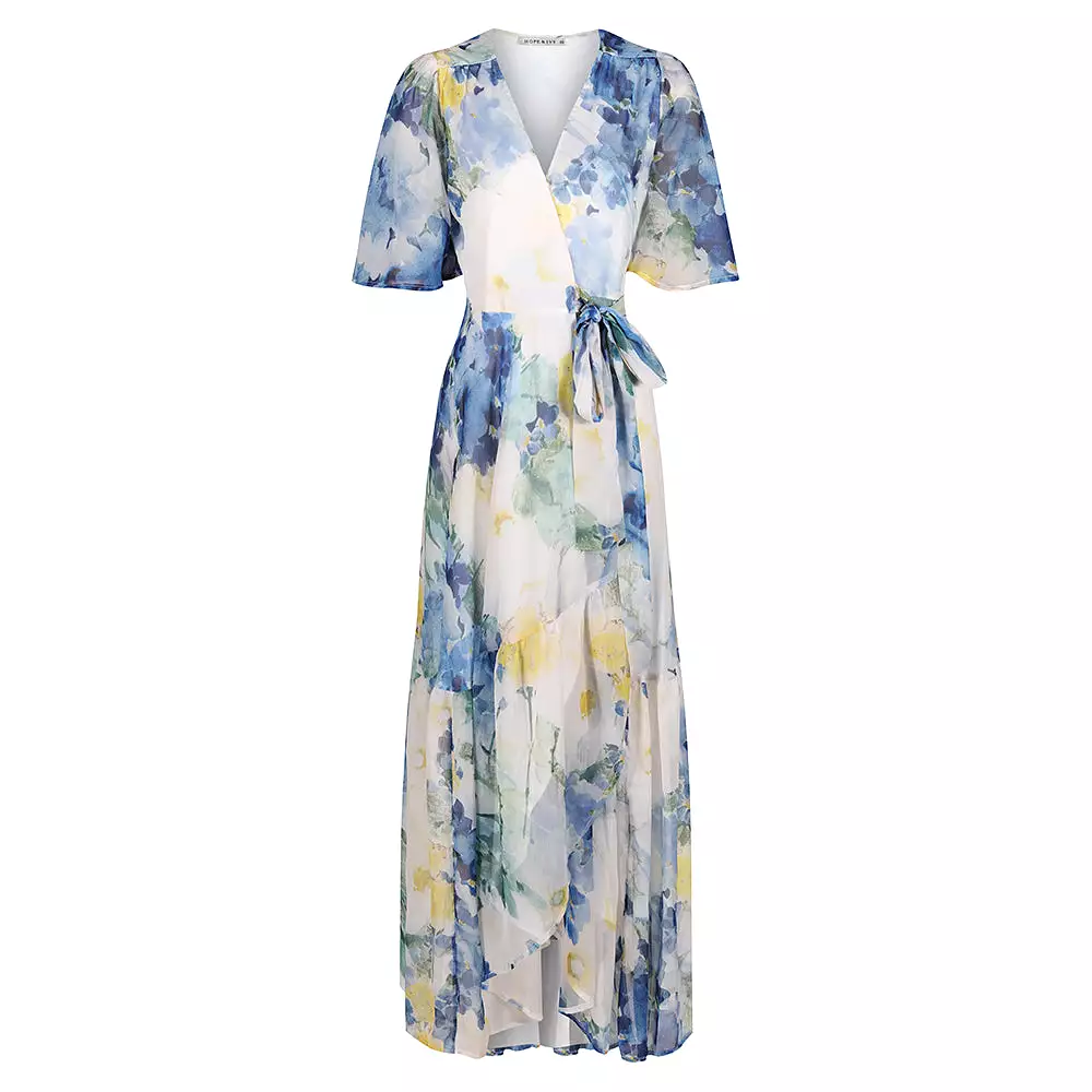 Hope & Ivy White & Blue Floral Print Flutter Sleeve Maxi Wrap Dress