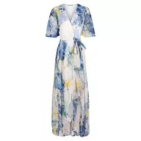 Hope & Ivy White & Blue Floral Print Flutter Sleeve Maxi Wrap Dress