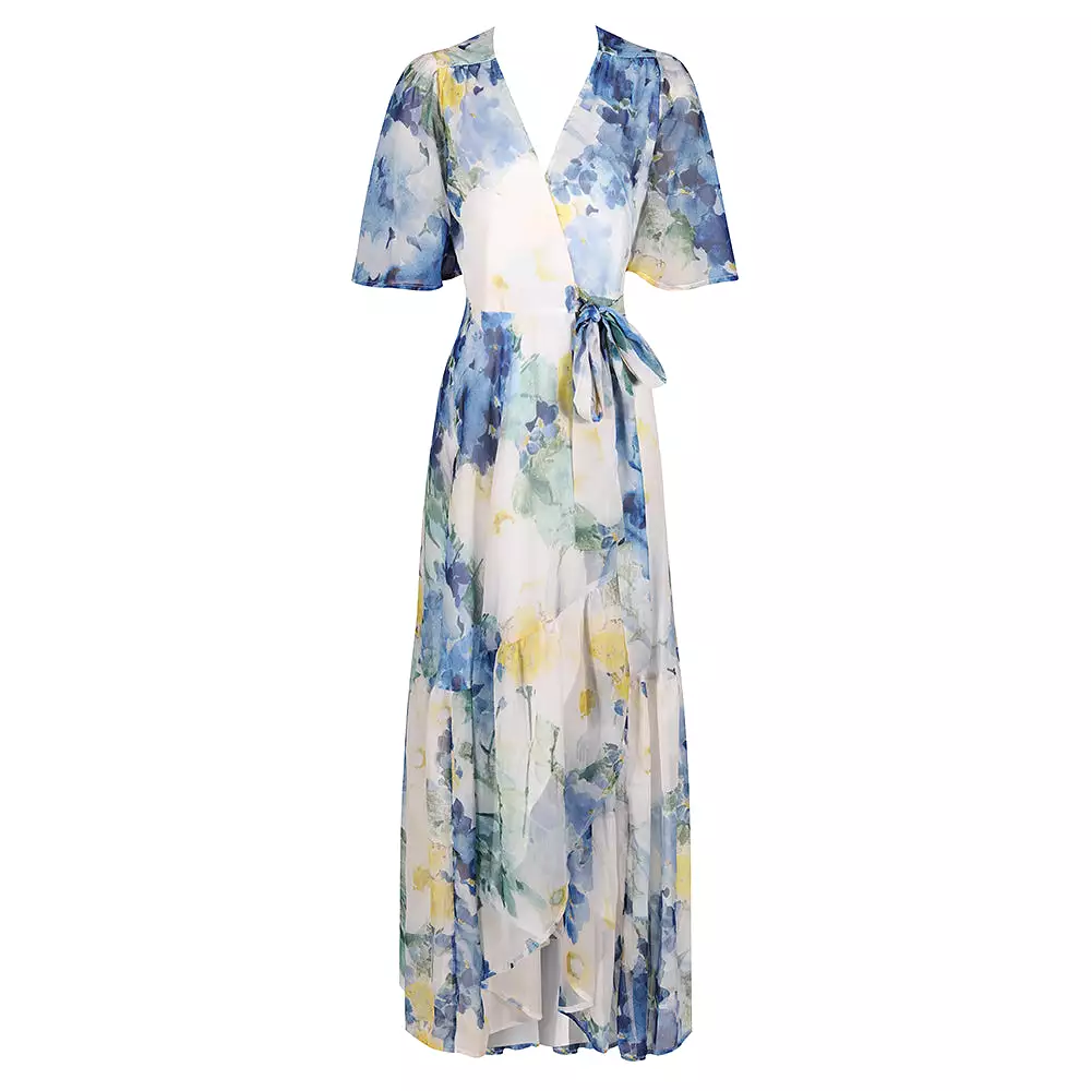 Hope & Ivy White & Blue Floral Print Flutter Sleeve Maxi Wrap Dress