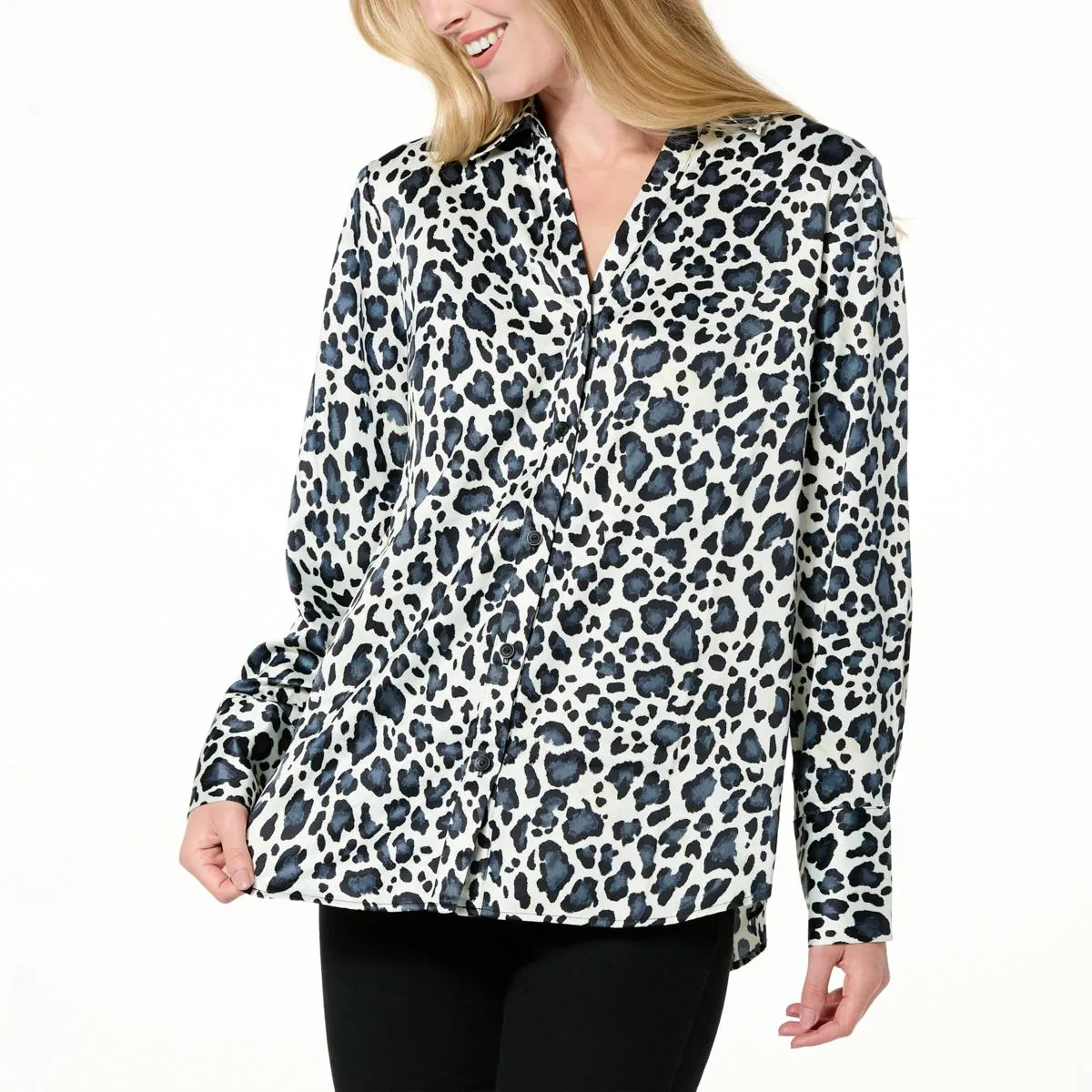      IMAN Global Chic Printed Satin Button-Front Blouse     