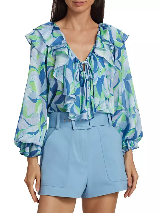 Imani Leaf-Print Ruffled Blouse