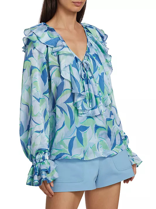 Imani Leaf-Print Ruffled Blouse