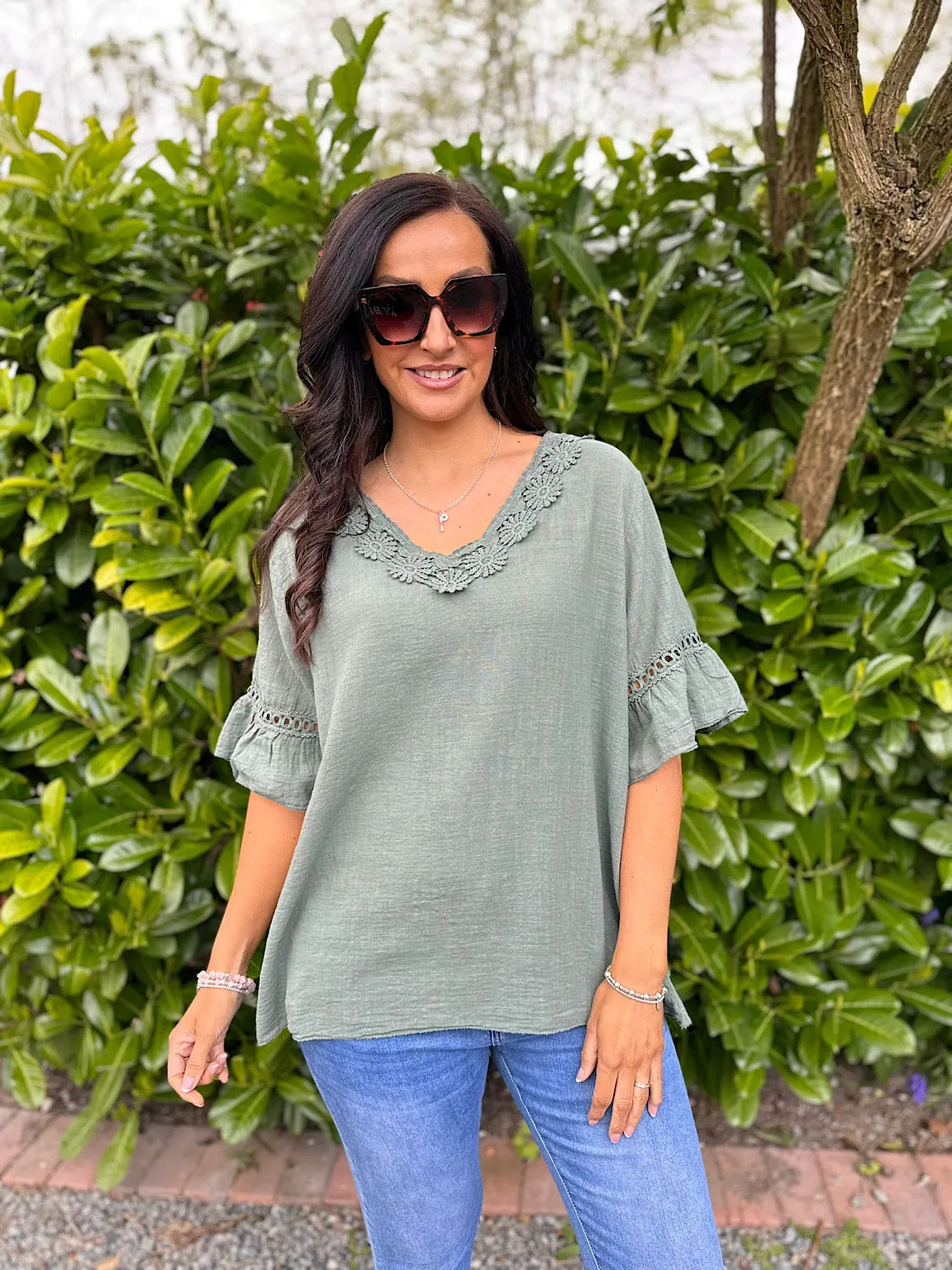 Khaki Daisy Crochet V Neck Top Zoe