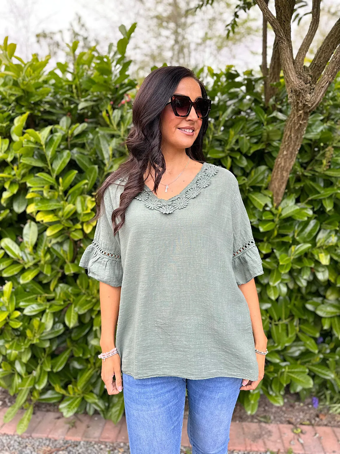 Khaki Daisy Crochet V Neck Top Zoe