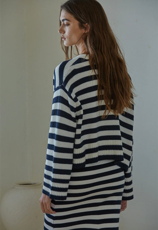 Knit Long Sleeve Striped Cardi Sweater - Navy Ivory