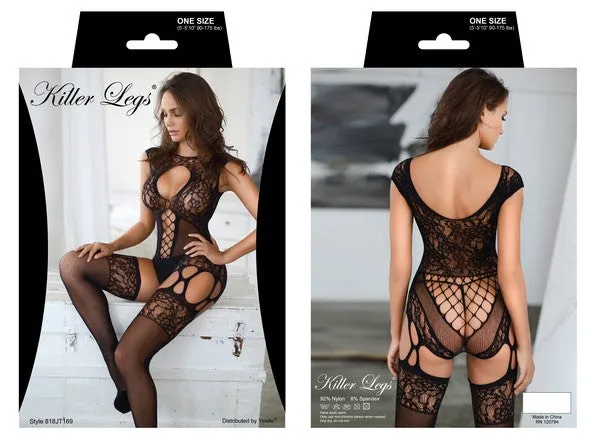 Lace-Up Lace Trim Fishnet Dress w/ Matching Gloves