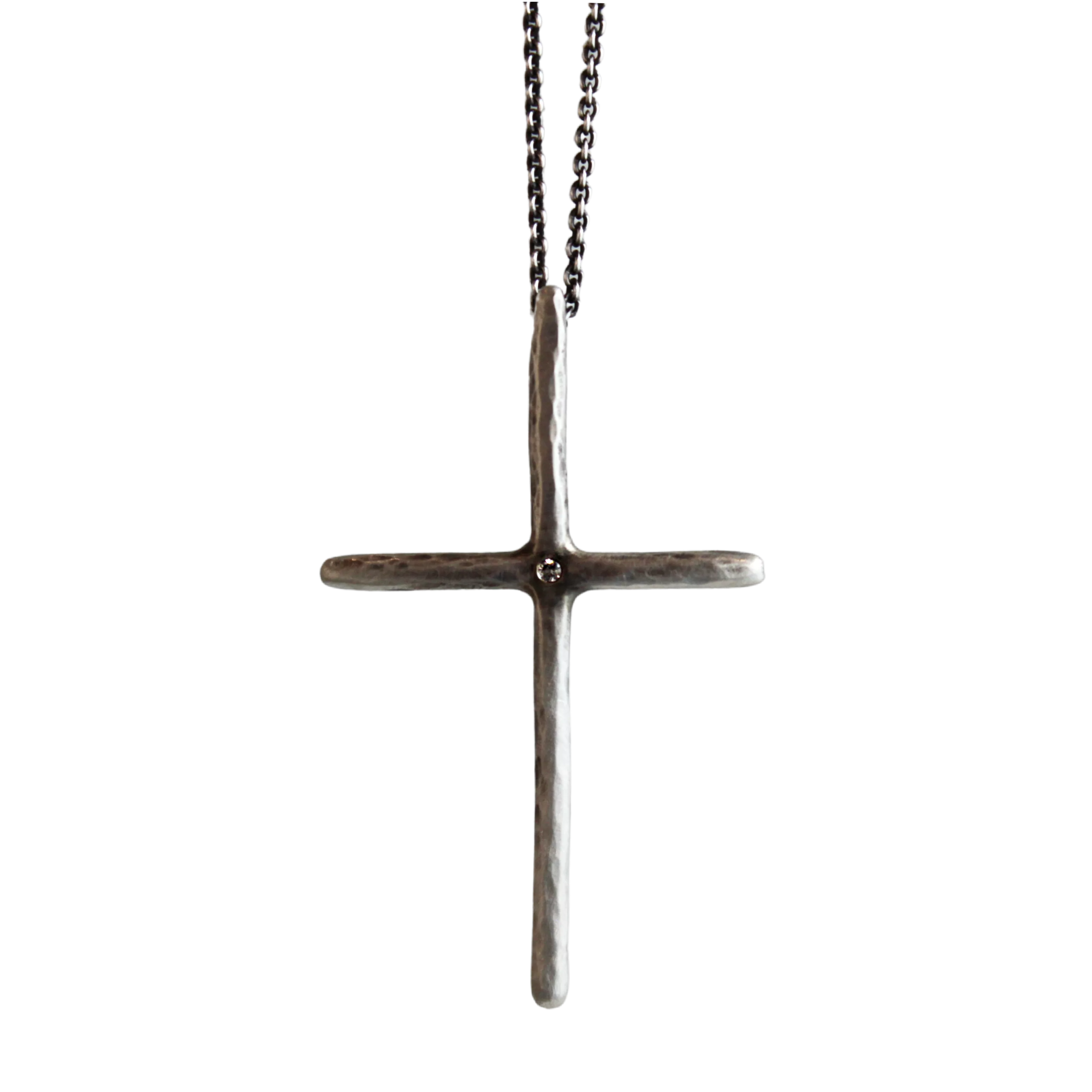 Large Textured Sterling Silver & White Sapphire Cross