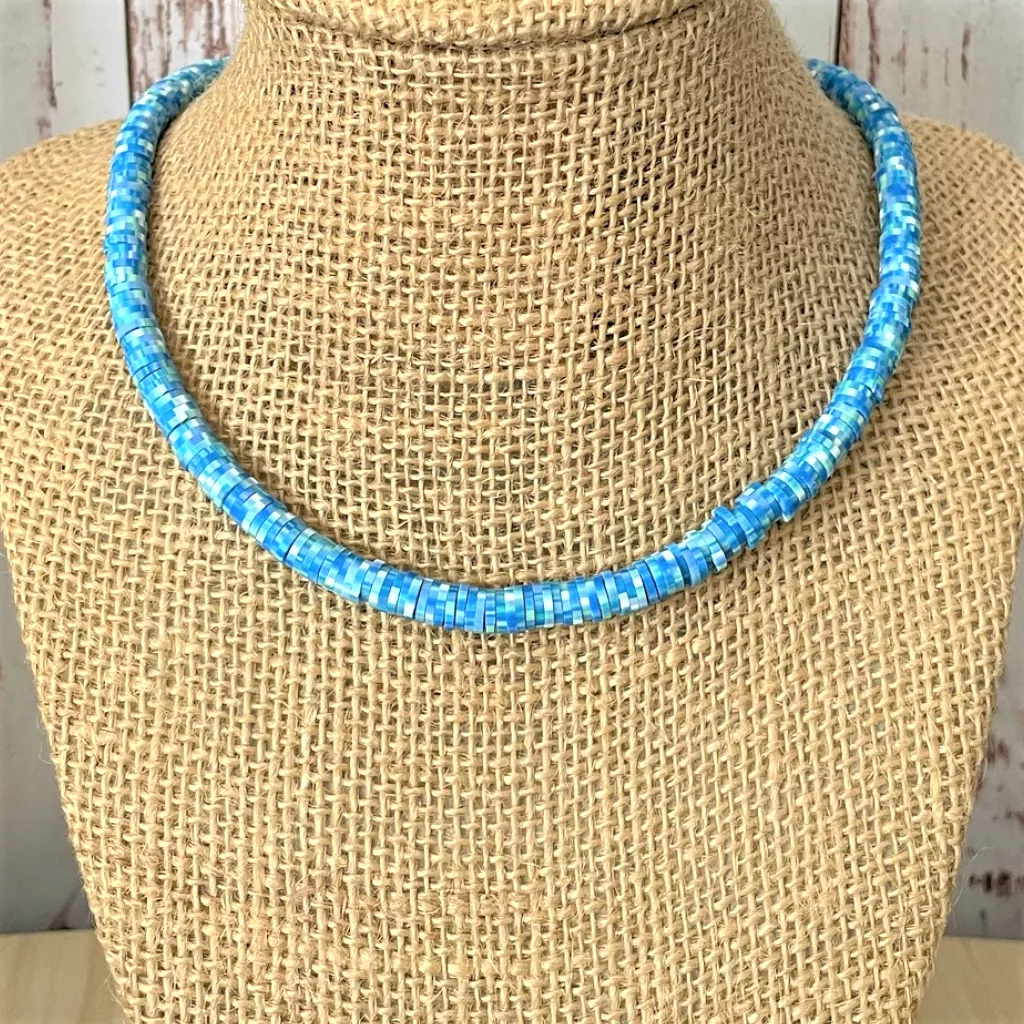 Light Blue and White Polymer Mens Beaded Necklace