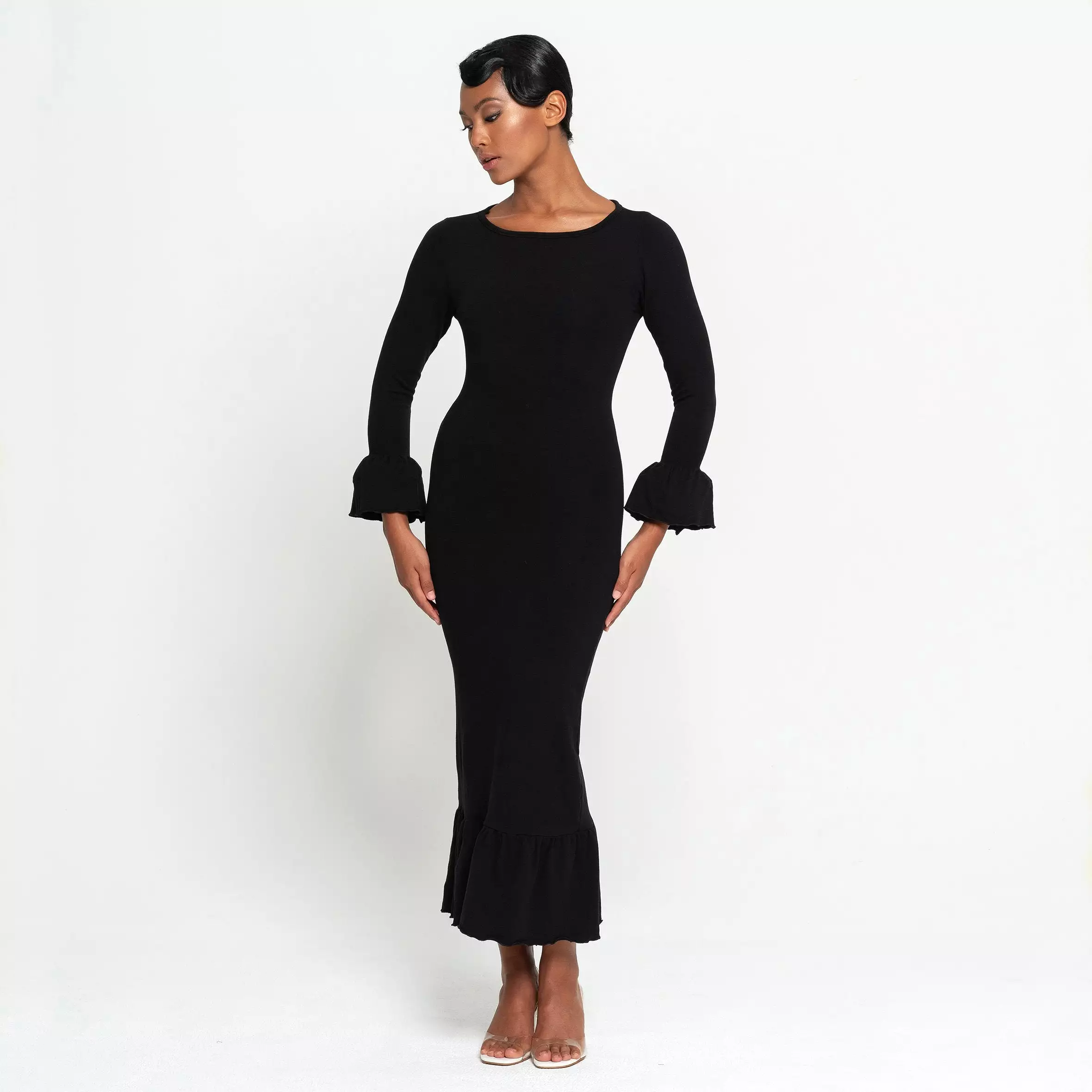 MARJORIE Bamboo Ruffle Dress, in Black