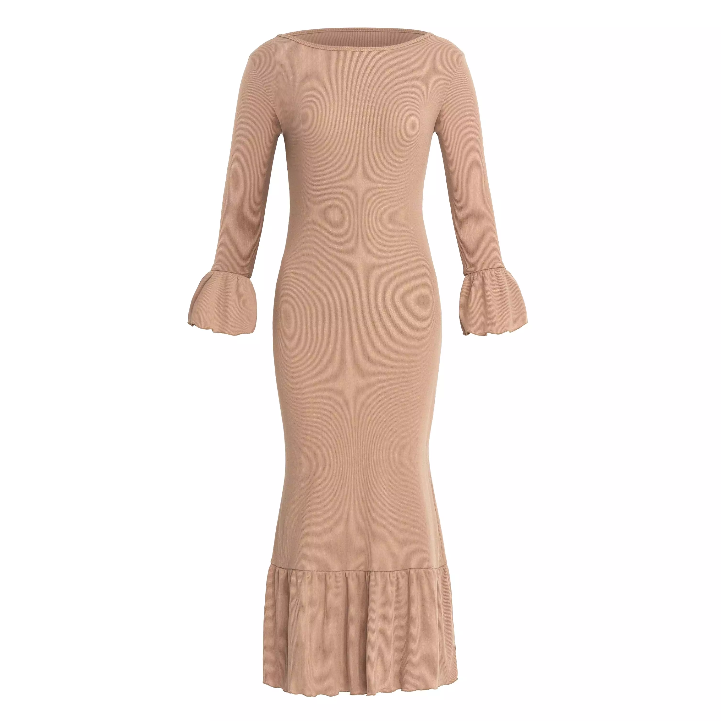 MARJORIE Ruffle Dress, in Camel Brown