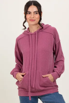 Mauve Ribbed Front Pocket Drawstring Hoodie