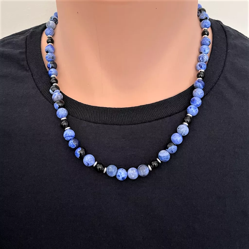 Mens Blue Fire Agate and Black Onyx Beaded Necklace