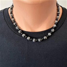 Mens Blue Pearl and Black Onyx Beaded Necklace