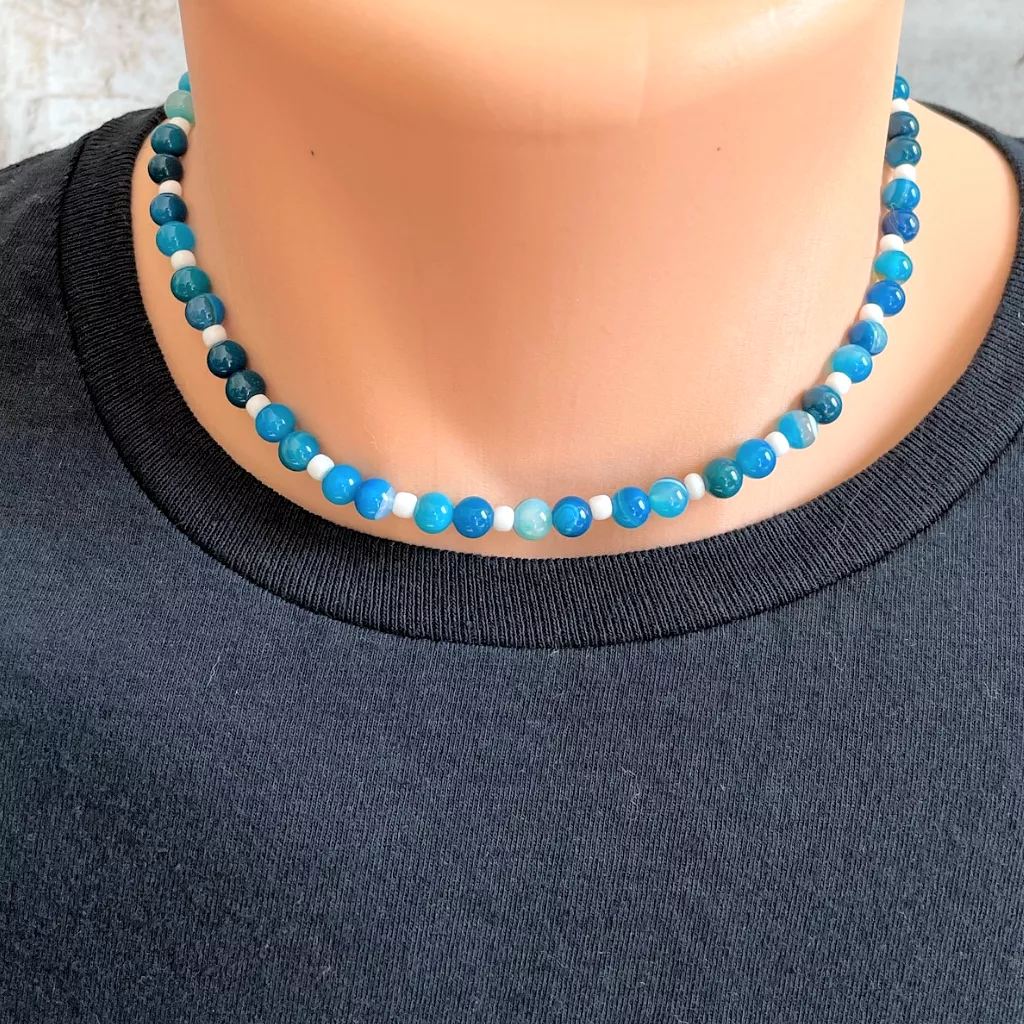 Mens Blue Sky Agate and White Toho Beaded Necklace