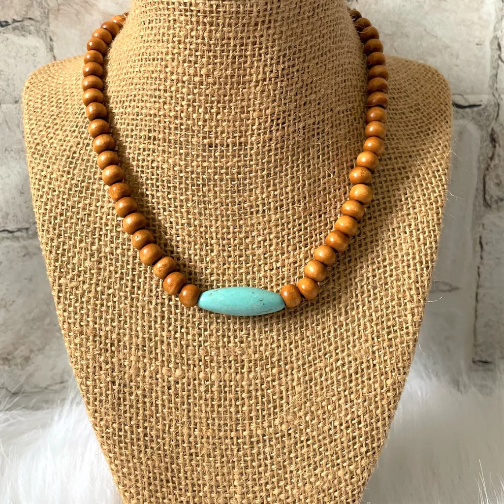 Mens Brown Wood and Turquoise Magnesite Beaded Necklace