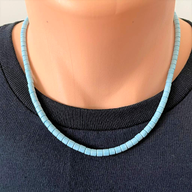 Mens Denim Blue Agate Beaded Necklace