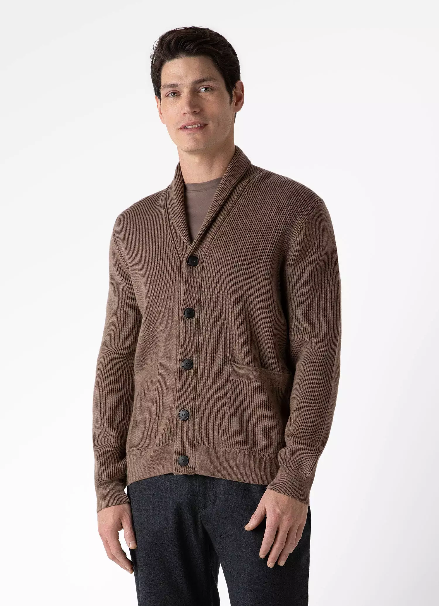 Men's Ribbed Shawl Neck Cardigan in Cedar