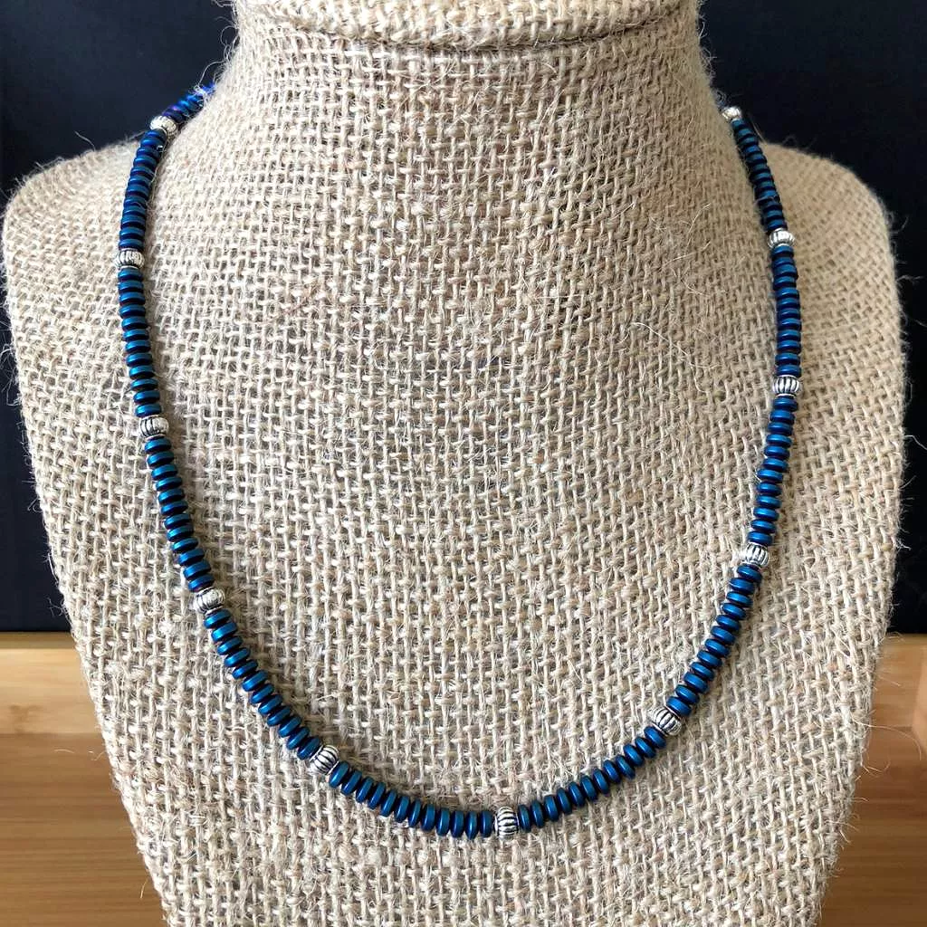 Metallic Blue Cosmos Hematite Matte Rondelle Mens Necklace