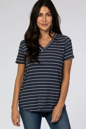 Navy Blue Striped V-Neck Top