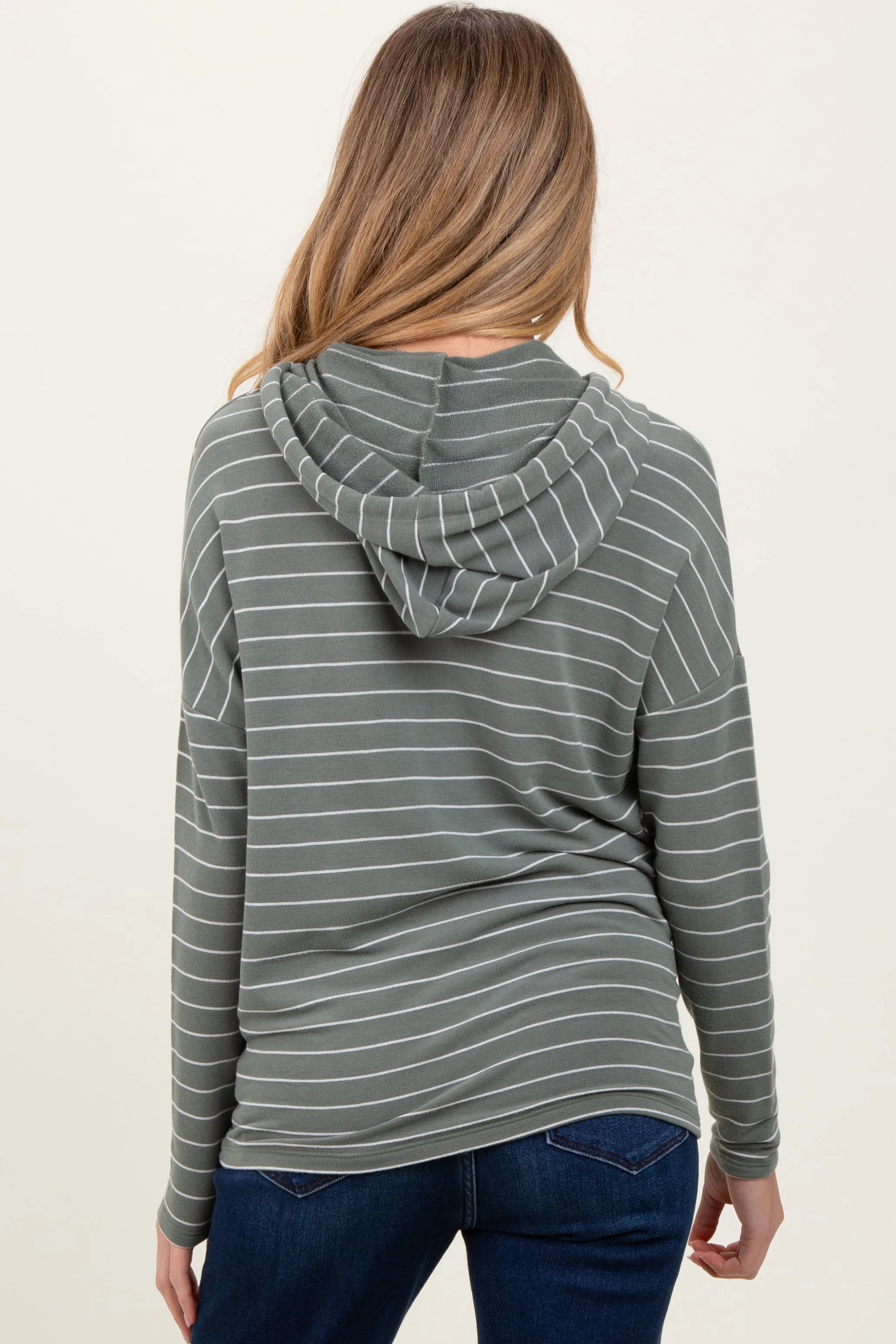 Olive Striped Drawstring Hoodie Maternity Top