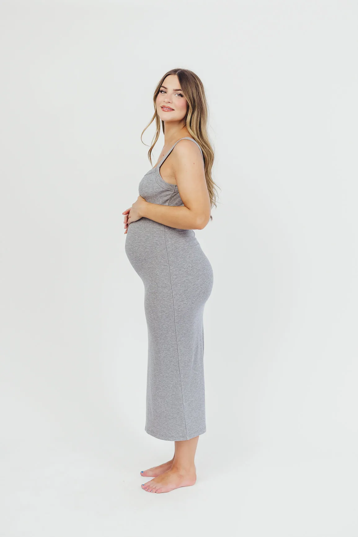 Olivia Square Neck Midi Tank Dress in Heather Grey - Bump Friendly