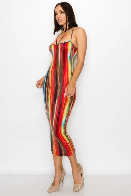 Painted Print Spaghetti Strapped Midi Dress